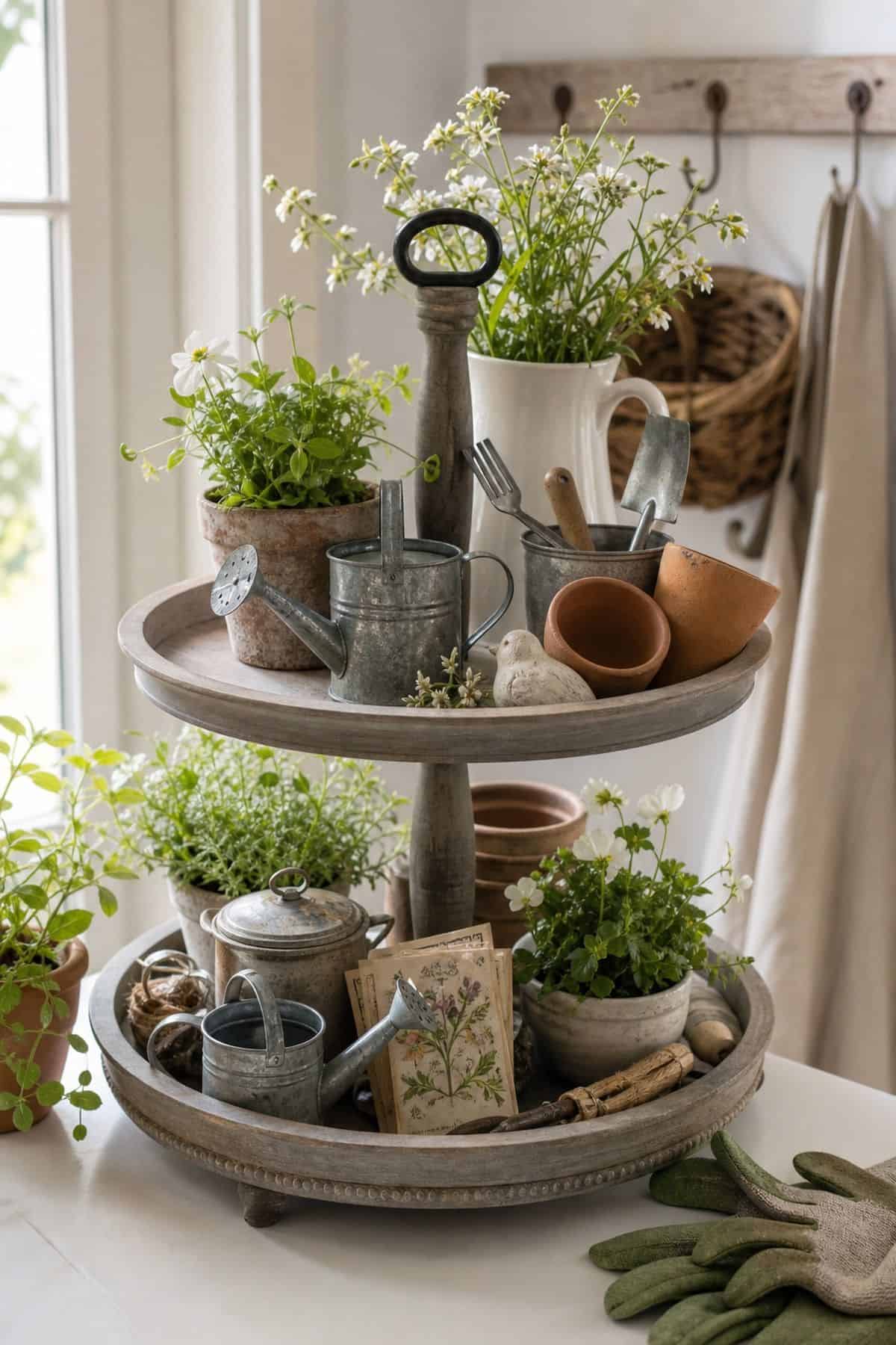 Display Miniature Watering Cans and Gardening Tools shown as a realistic Pretty Wild World image for 15 Spring Tiered Tray Decor Ideas for a Collected, Seasonal Home Aesthetic.