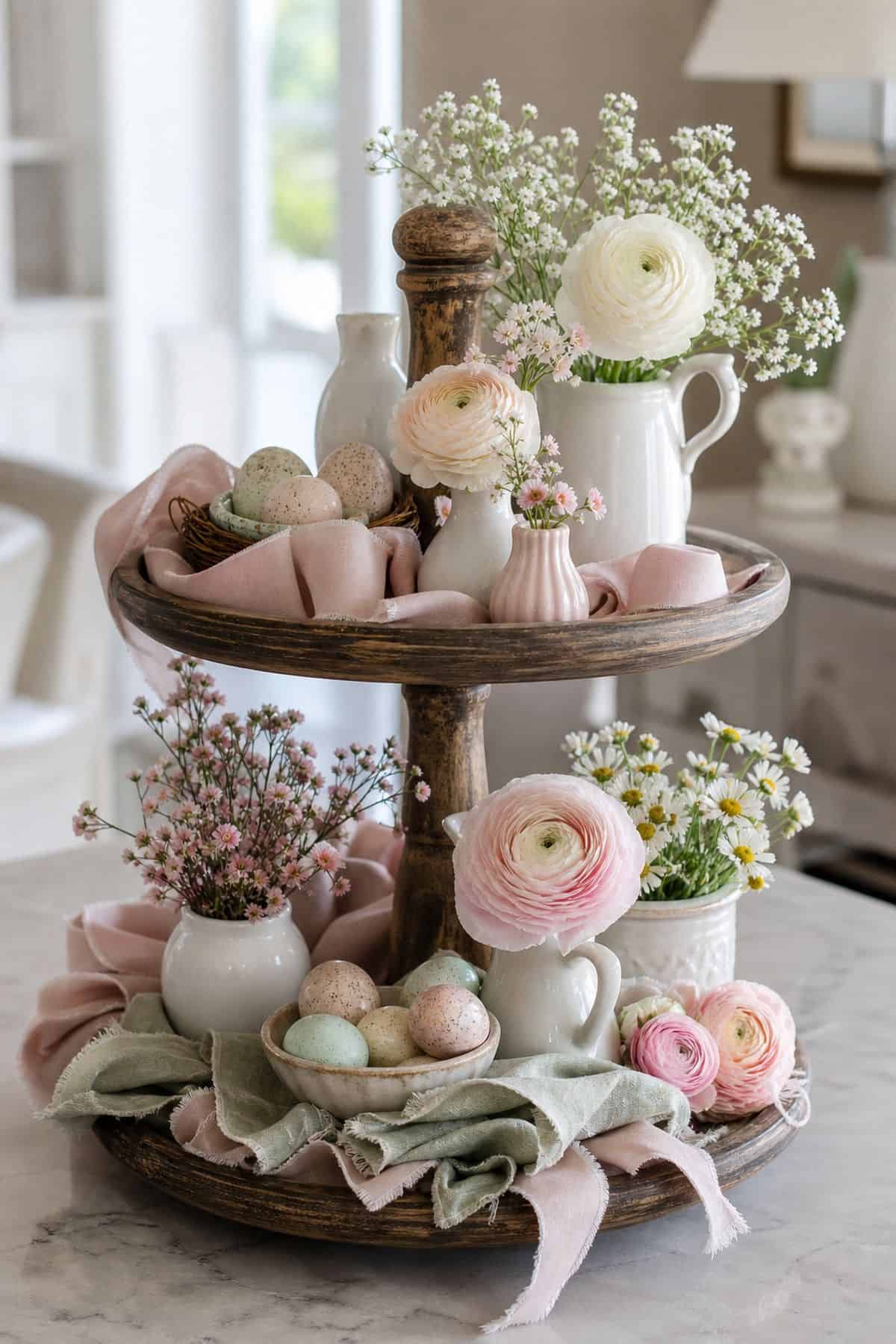 Use Pastel-Colored Ribbons or Fabric as a Base Layer shown as a realistic Pretty Wild World image for 15 Spring Tiered Tray Decor Ideas for a Collected, Seasonal Home Aesthetic.
