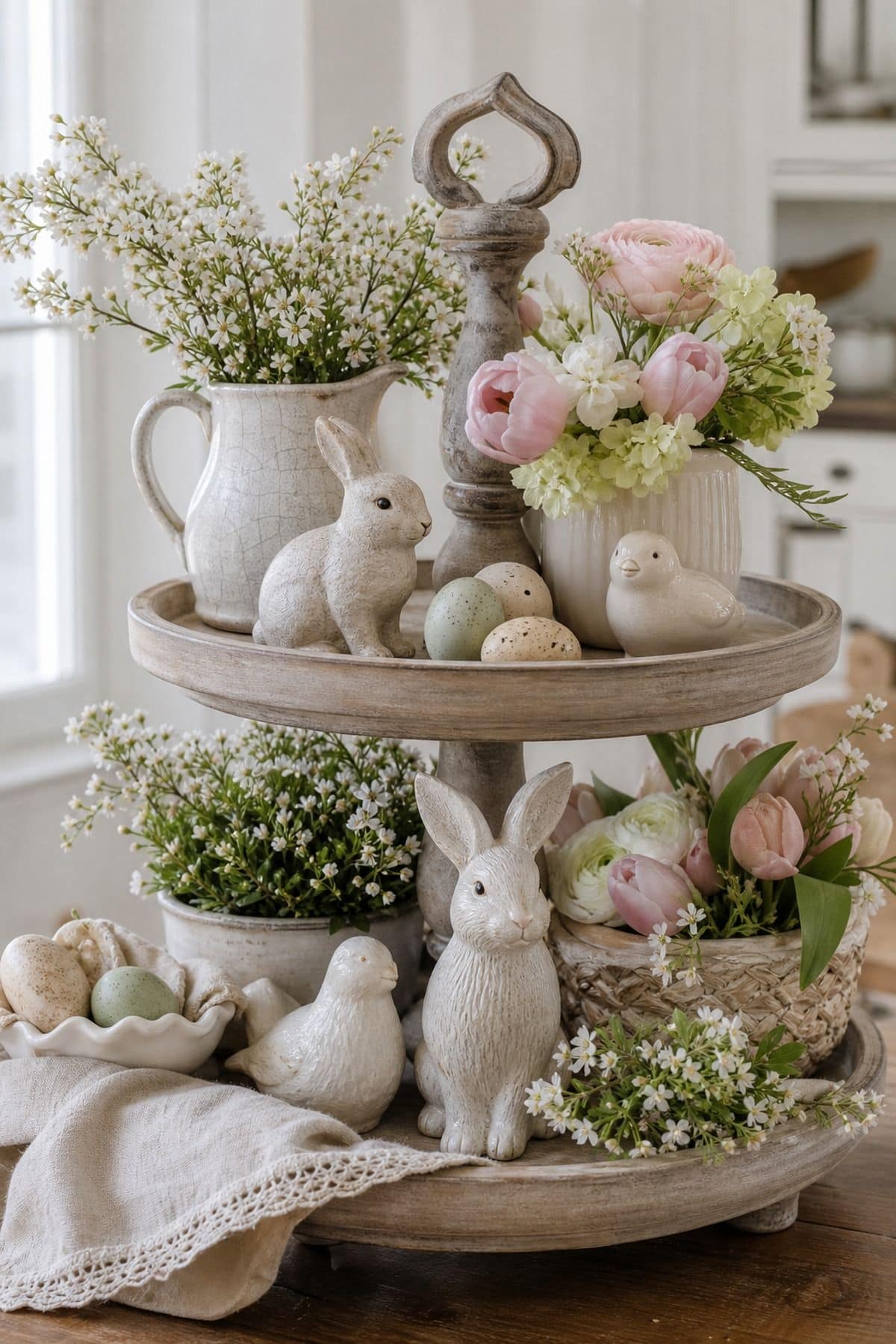 Add Small Easter-Themed Figures Like Bunnies or Chicks shown as a realistic Pretty Wild World image for 15 Spring Tiered Tray Decor Ideas for a Collected, Seasonal Home Aesthetic.
