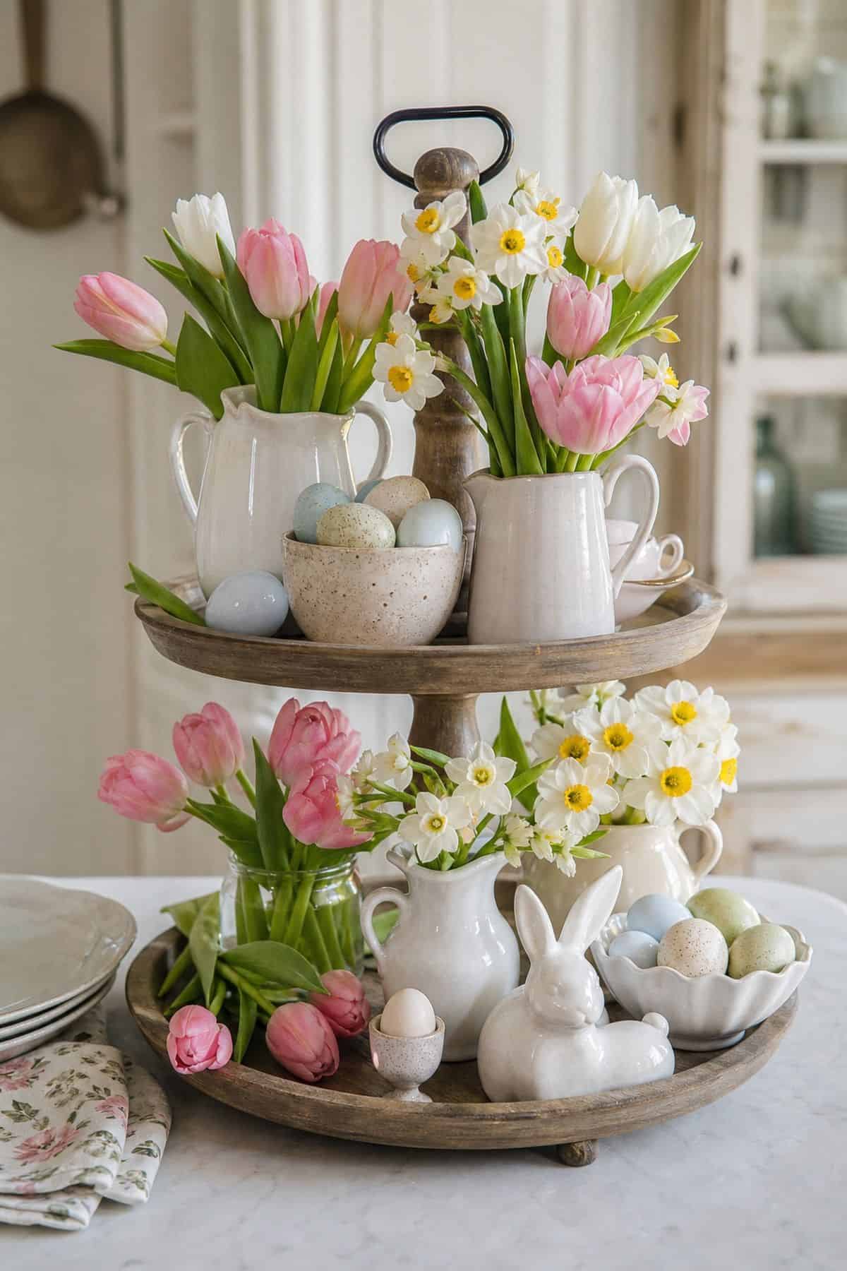 Arrange Fresh or Artificial Tulips and Daffodils shown as a realistic Pretty Wild World image for 15 Spring Tiered Tray Decor Ideas for a Collected, Seasonal Home Aesthetic.