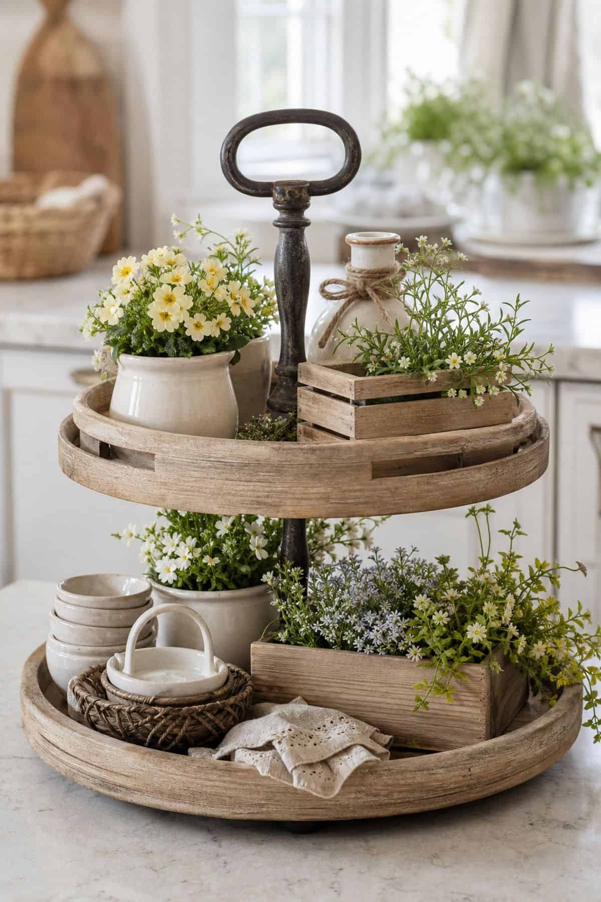 Utilize Light Wood Crates or Trays for Rustic Charm shown as a realistic Pretty Wild World image for 15 Spring Tiered Tray Decor Ideas for a Collected, Seasonal Home Aesthetic.