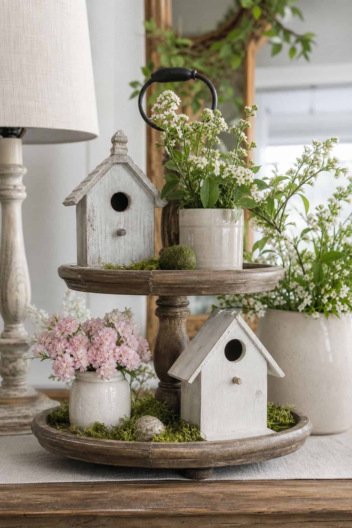 Feature Decorative Birdhouses as Eye-Catching Accents shown as a realistic Pretty Wild World image for 15 Spring Tiered Tray Decor Ideas for a Collected, Seasonal Home Aesthetic.