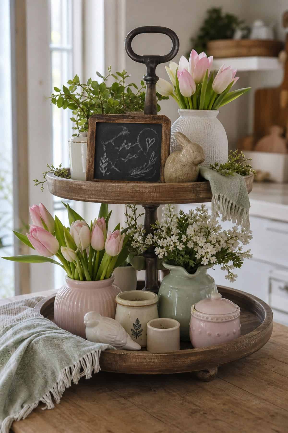 Set a Small Chalkboard Sign with a Cheerful Spring Message shown as a realistic Pretty Wild World image for 15 Spring Tiered Tray Decor Ideas for a Collected, Seasonal Home Aesthetic.