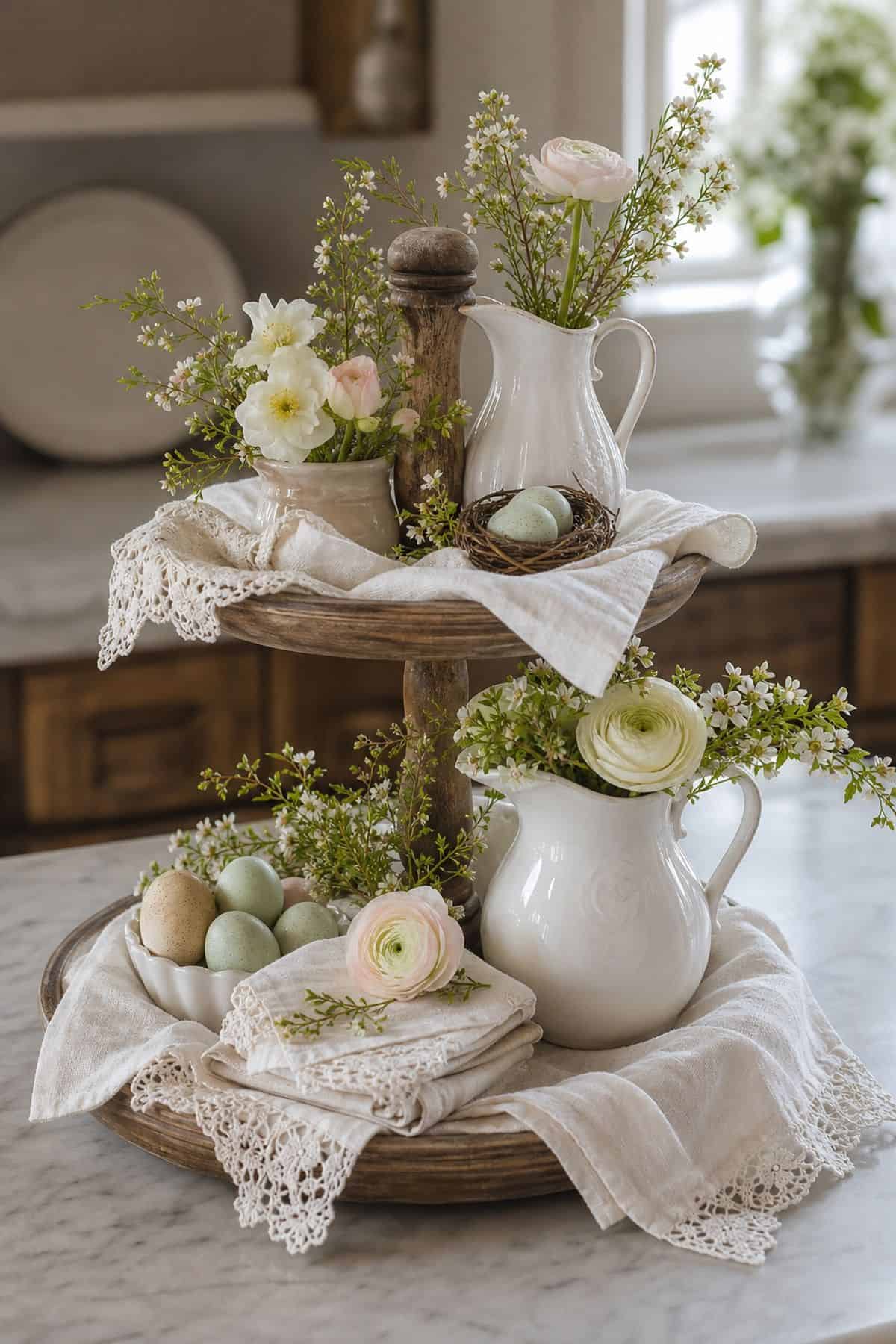 Layer Soft Linens or Lace to Add a Delicate Texture shown as a realistic Pretty Wild World image for 15 Spring Tiered Tray Decor Ideas for a Collected, Seasonal Home Aesthetic.