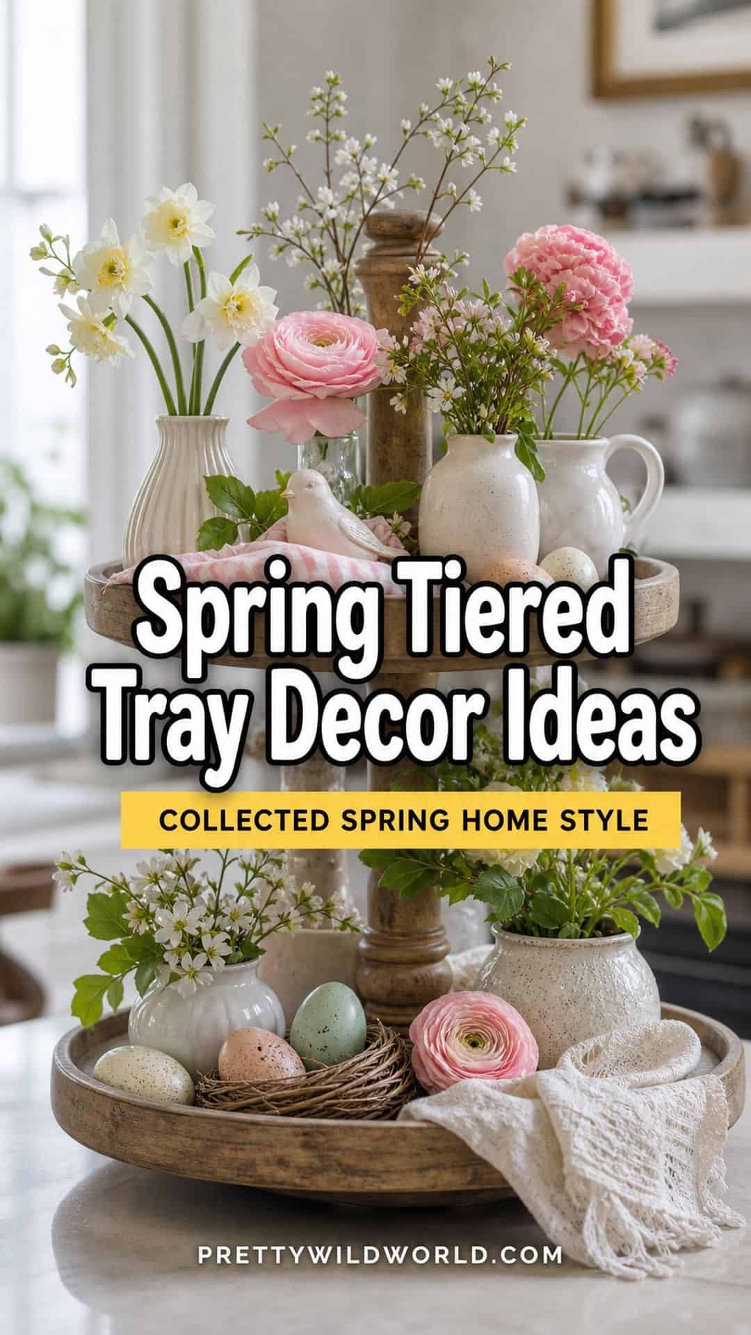 Pinterest pin for 15 Spring Tiered Tray Decor Ideas for a Collected, Seasonal Home Aesthetic from Pretty Wild World.