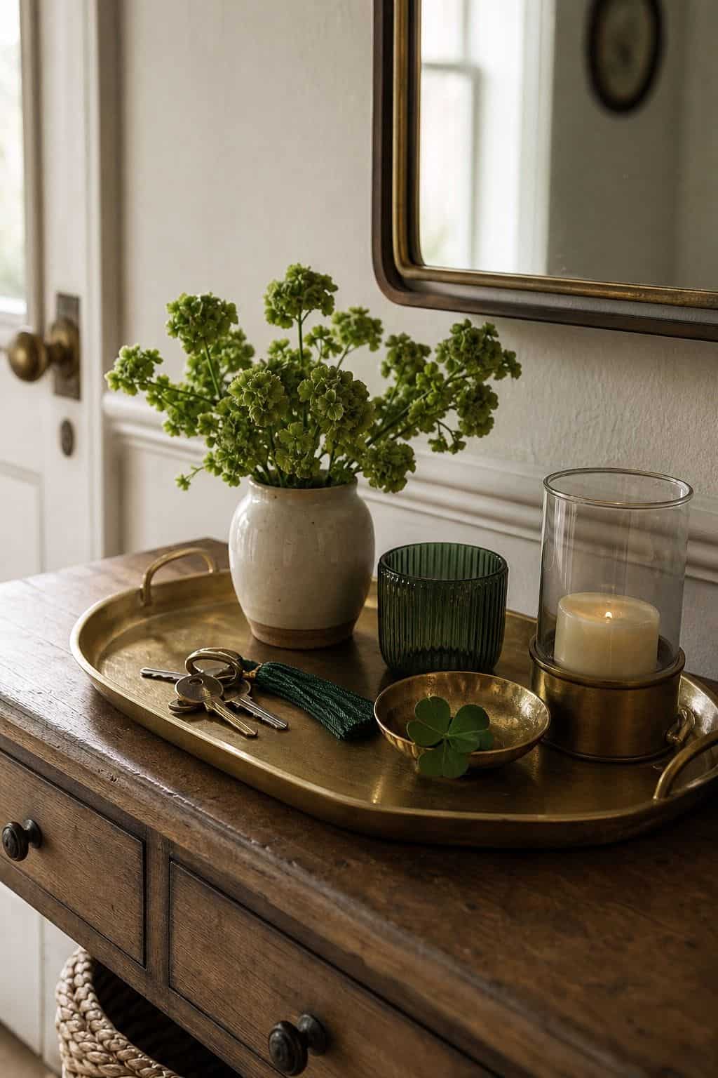 Style a gold-and-green entry tray shown as a realistic Pretty Wild World image for 16 St. Patrick's Home Decor Ideas That Feel Green, Gold, and Grown Up.