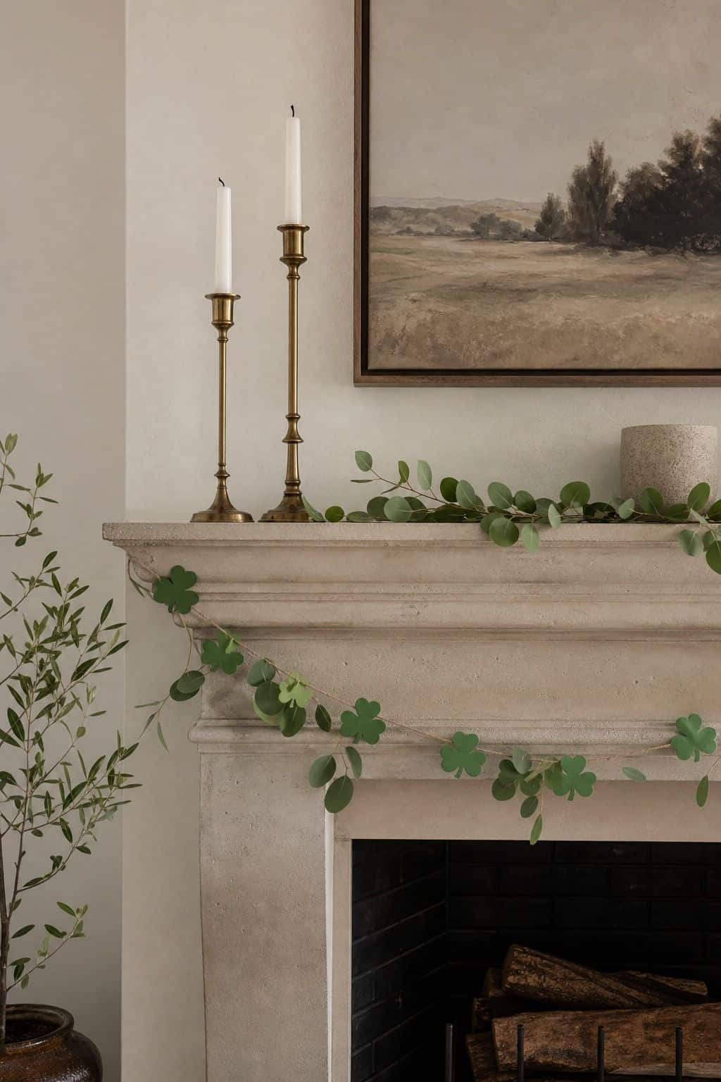 Make a simple mantel garland shown as a realistic Pretty Wild World image for 16 St. Patrick's Home Decor Ideas That Feel Green, Gold, and Grown Up.