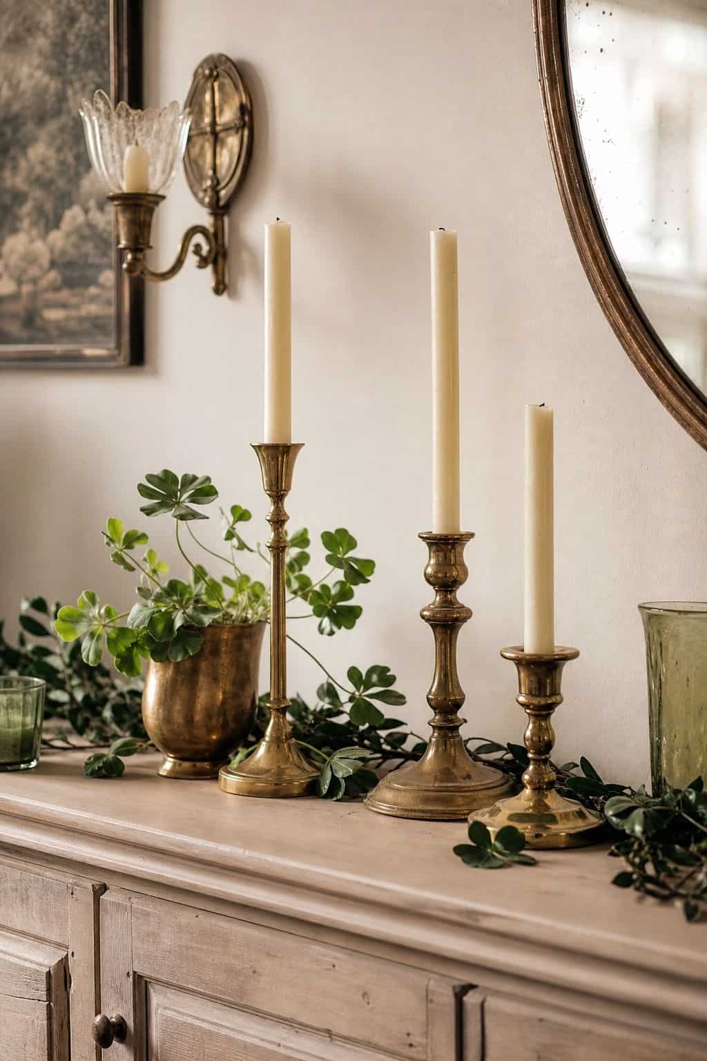 Use brass candleholders shown as a realistic Pretty Wild World image for 16 St. Patrick's Home Decor Ideas That Feel Green, Gold, and Grown Up.