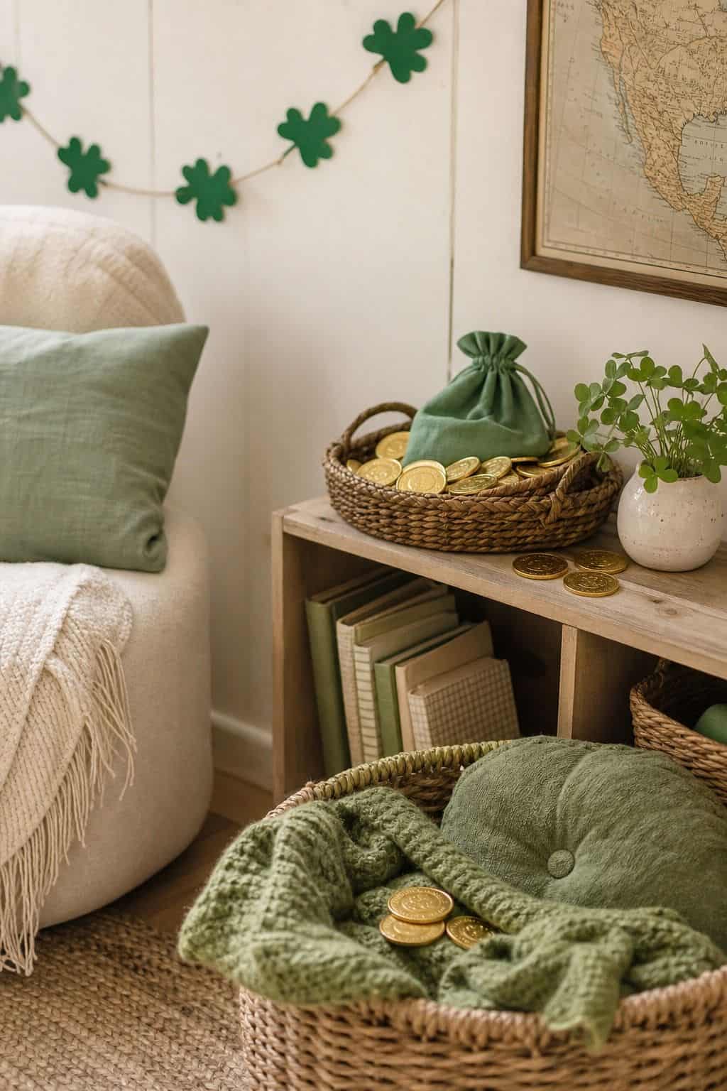 Create a kid-friendly treasure corner shown as a realistic Pretty Wild World image for 16 St. Patrick's Home Decor Ideas That Feel Green, Gold, and Grown Up.