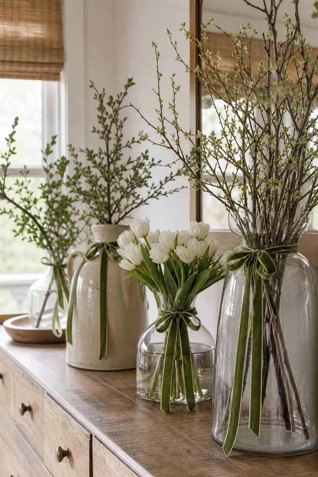 Tie green ribbon around vases shown as a realistic Pretty Wild World image for 16 St. Patrick's Home Decor Ideas That Feel Green, Gold, and Grown Up.