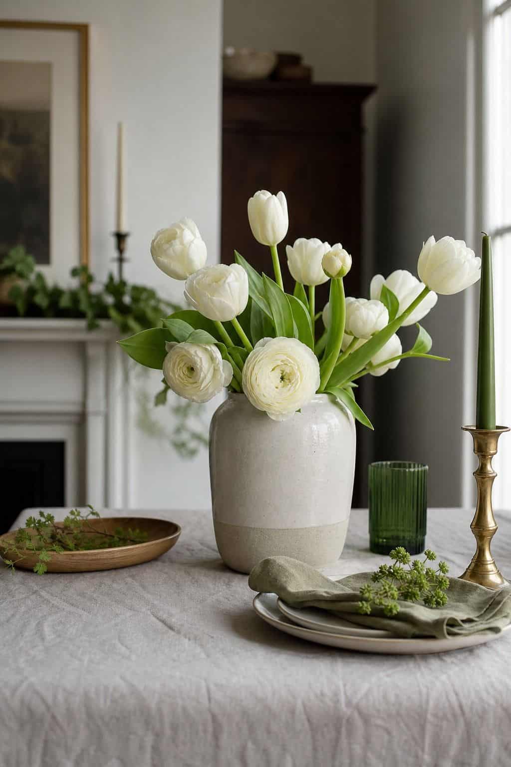 Use white flowers for balance shown as a realistic Pretty Wild World image for 16 St. Patrick's Home Decor Ideas That Feel Green, Gold, and Grown Up.