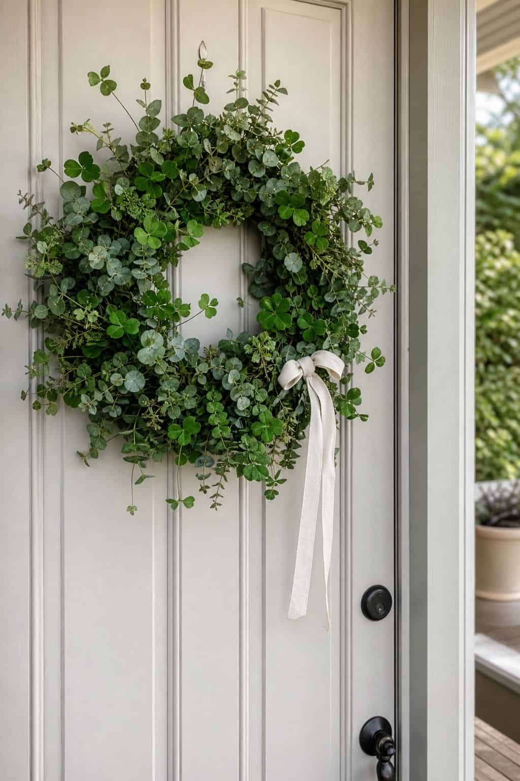 Add a St. Patrick's wreath shown as a realistic Pretty Wild World image for 16 St. Patrick's Home Decor Ideas That Feel Green, Gold, and Grown Up.