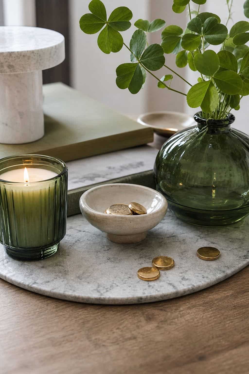 Use gold coins as tiny accents shown as a realistic Pretty Wild World image for 16 St. Patrick's Home Decor Ideas That Feel Green, Gold, and Grown Up.