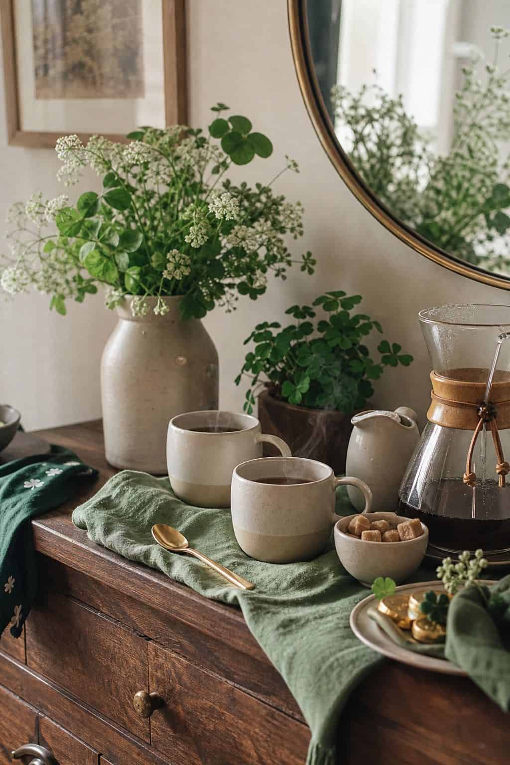 Create a cozy Irish-inspired drink station shown as a realistic Pretty Wild World image for 16 St. Patrick's Home Decor Ideas That Feel Green, Gold, and Grown Up.