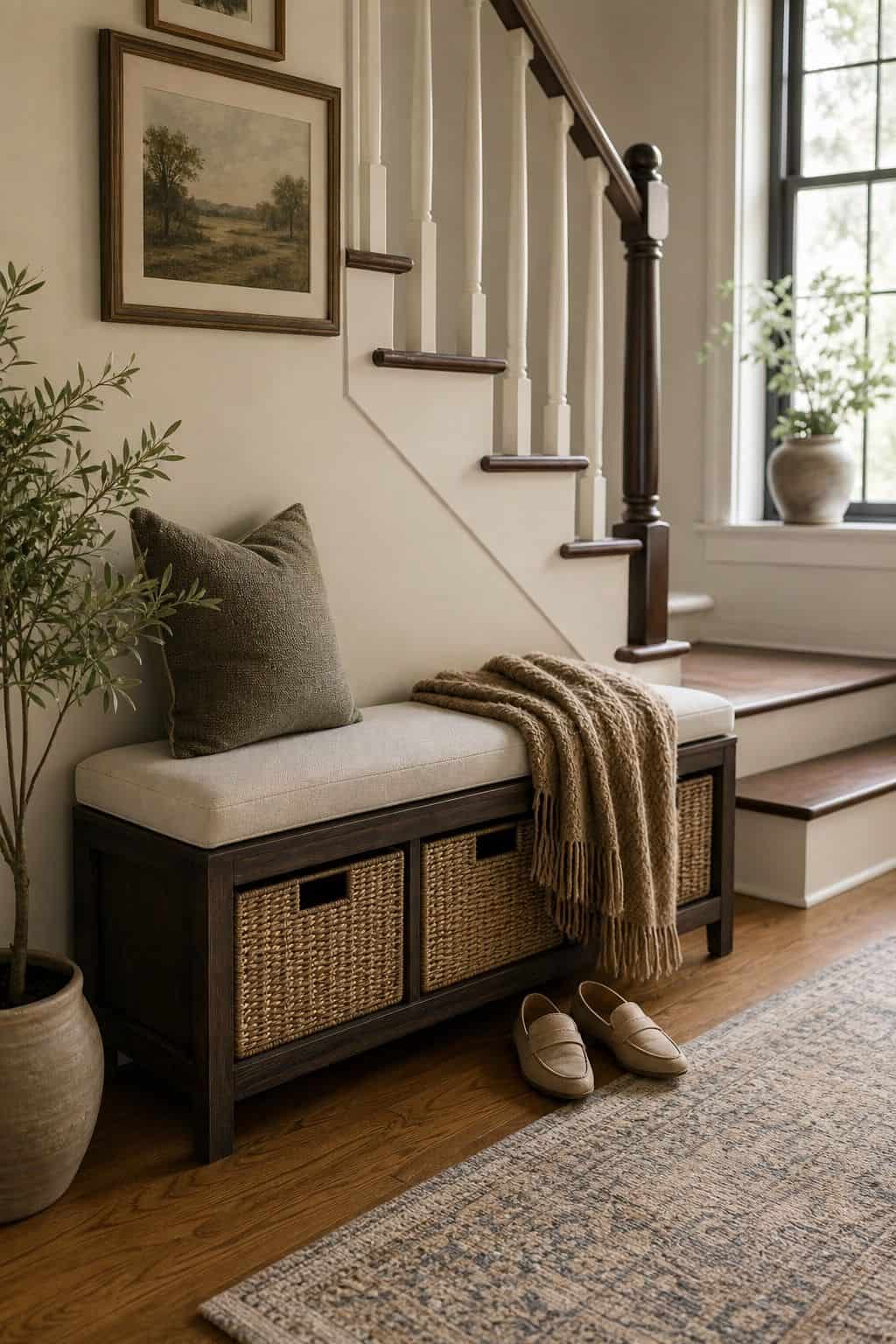 Add a Storage Bench for Shoes, Blankets, or Seating shown as a realistic Pretty Wild World image for 15 Stair Corner Decor Ideas for a Polished First Impression at Home.