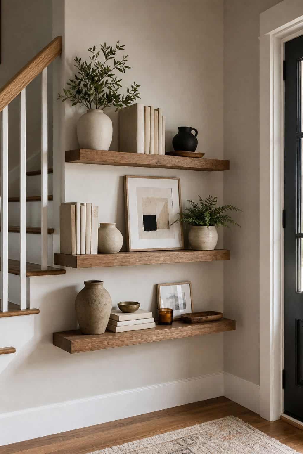 Mount Floating Shelves to Showcase Books and Decor Pieces shown as a realistic Pretty Wild World image for 15 Stair Corner Decor Ideas for a Polished First Impression at Home.