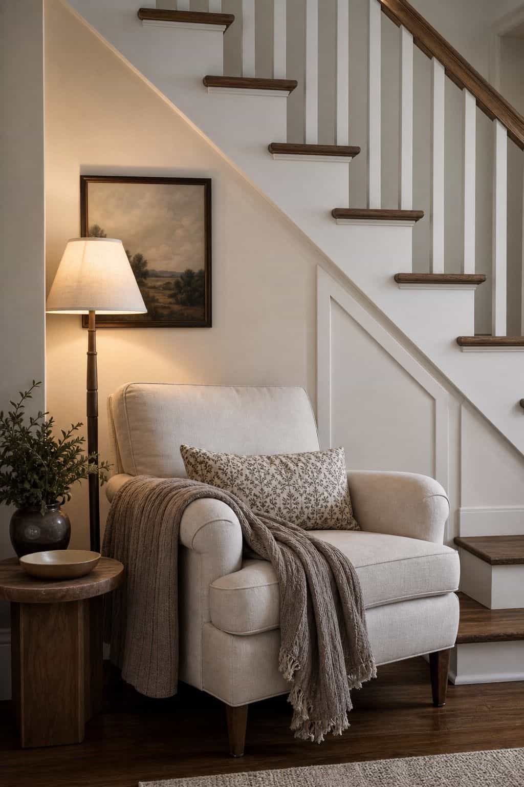 Design a Cozy Nook with a Comfortable Chair and Lamp shown as a realistic Pretty Wild World image for 15 Stair Corner Decor Ideas for a Polished First Impression at Home.