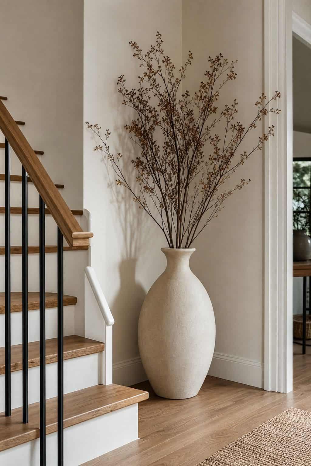 Place a Large Statement Vase or Artistic Sculpture in the Spot shown as a realistic Pretty Wild World image for 15 Stair Corner Decor Ideas for a Polished First Impression at Home.