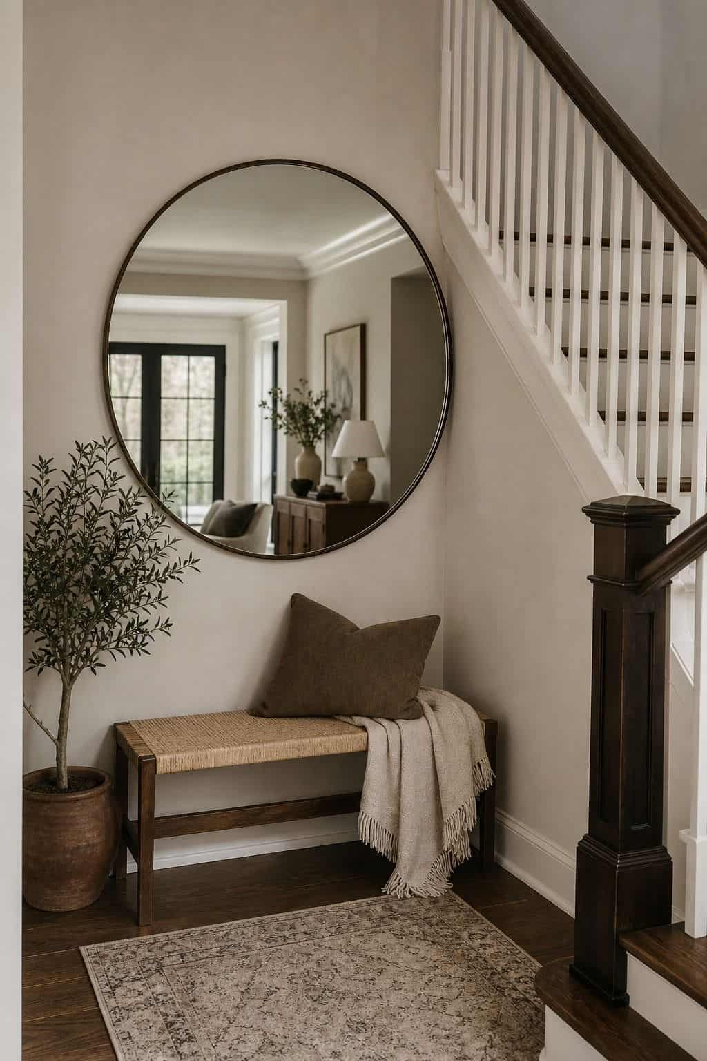 Hang a Bold Mirror to Visually Expand the Area shown as a realistic Pretty Wild World image for 15 Stair Corner Decor Ideas for a Polished First Impression at Home.