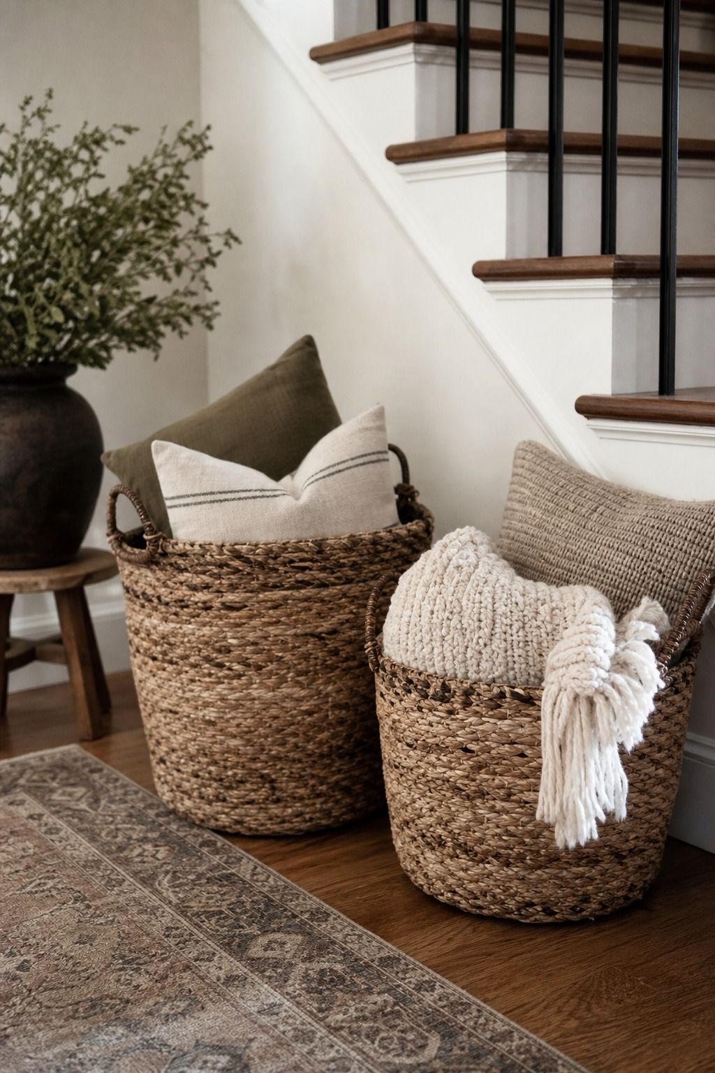 Use Woven Baskets for Storing Pillows or Throws shown as a realistic Pretty Wild World image for 15 Stair Corner Decor Ideas for a Polished First Impression at Home.