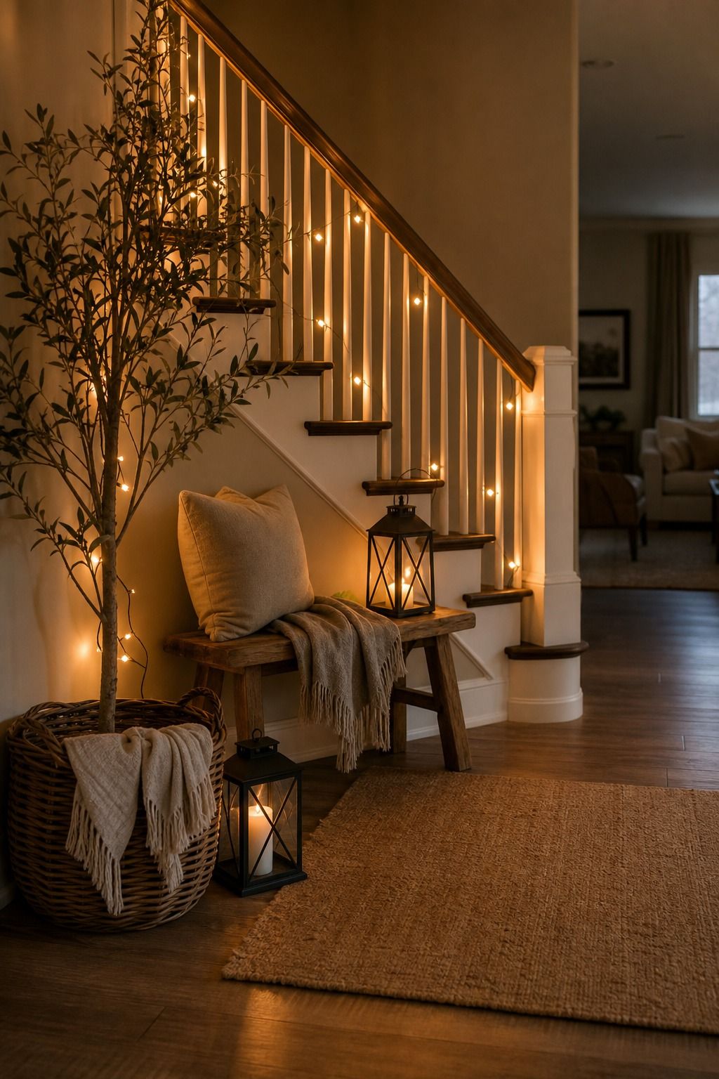 Decorate with String Lights or Lanterns for Gentle Illumination shown as a realistic Pretty Wild World image for 15 Stair Corner Decor Ideas for a Polished First Impression at Home.