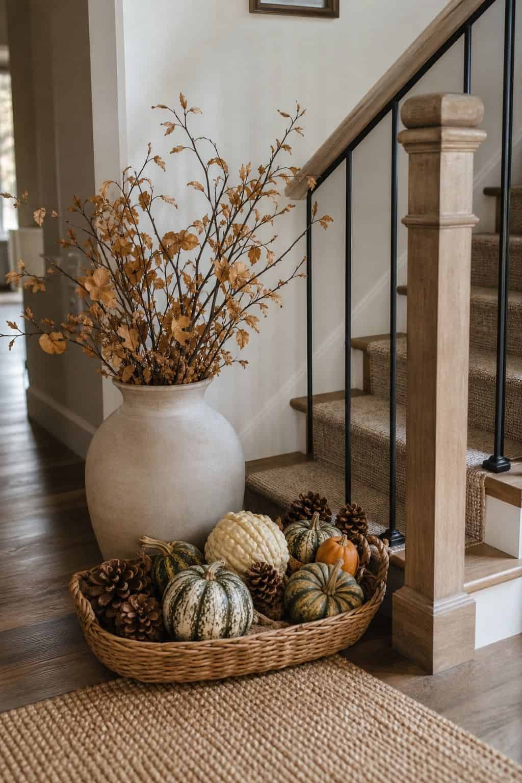 Rotate Seasonal Decorations Like Gourds or Pinecones During Holidays shown as a realistic Pretty Wild World image for 15 Stair Corner Decor Ideas for a Polished First Impression at Home.