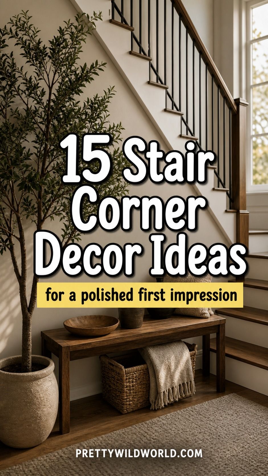 Pinterest pin for 15 Stair Corner Decor Ideas for a Polished First Impression at Home from Pretty Wild World.