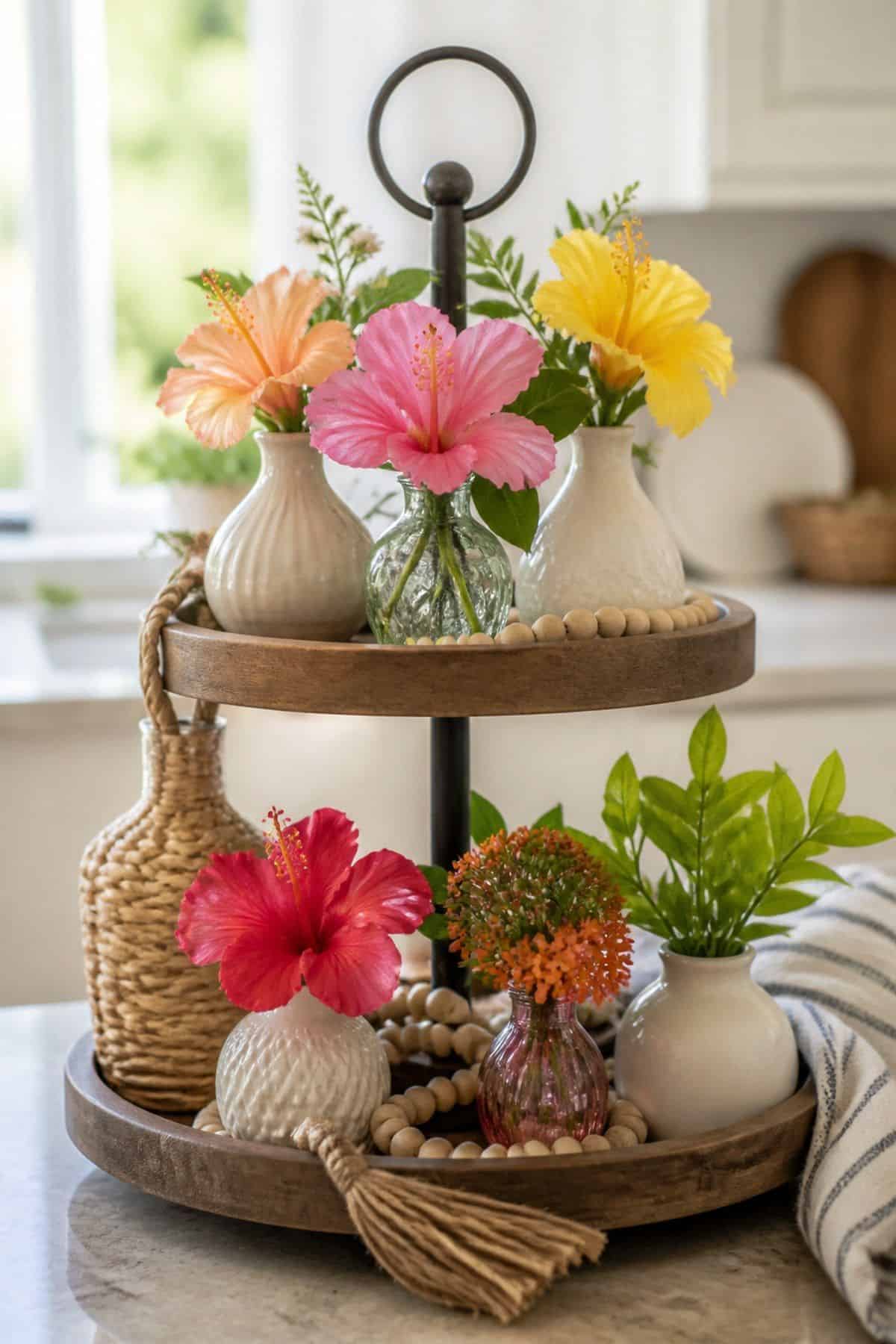 Use Vibrant Tropical Blooms in Petite Vases shown as a realistic Pretty Wild World image for 15 Summer Tiered Tray Decor Ideas for a Collected, Seasonal Home Aesthetic.