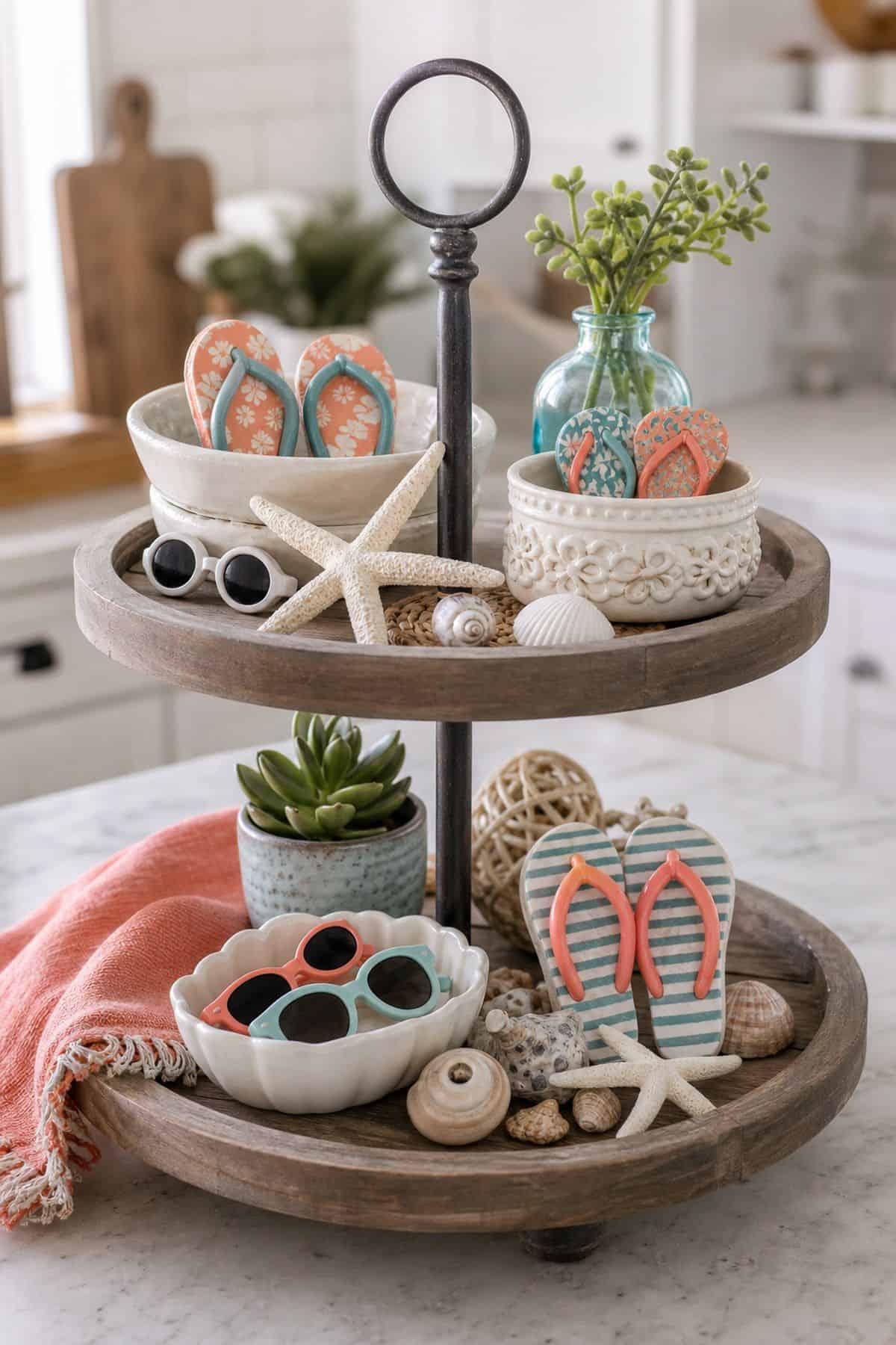 Feature Tiny Flip-Flop or Sunglasses Figurines shown as a realistic Pretty Wild World image for 15 Summer Tiered Tray Decor Ideas for a Collected, Seasonal Home Aesthetic.