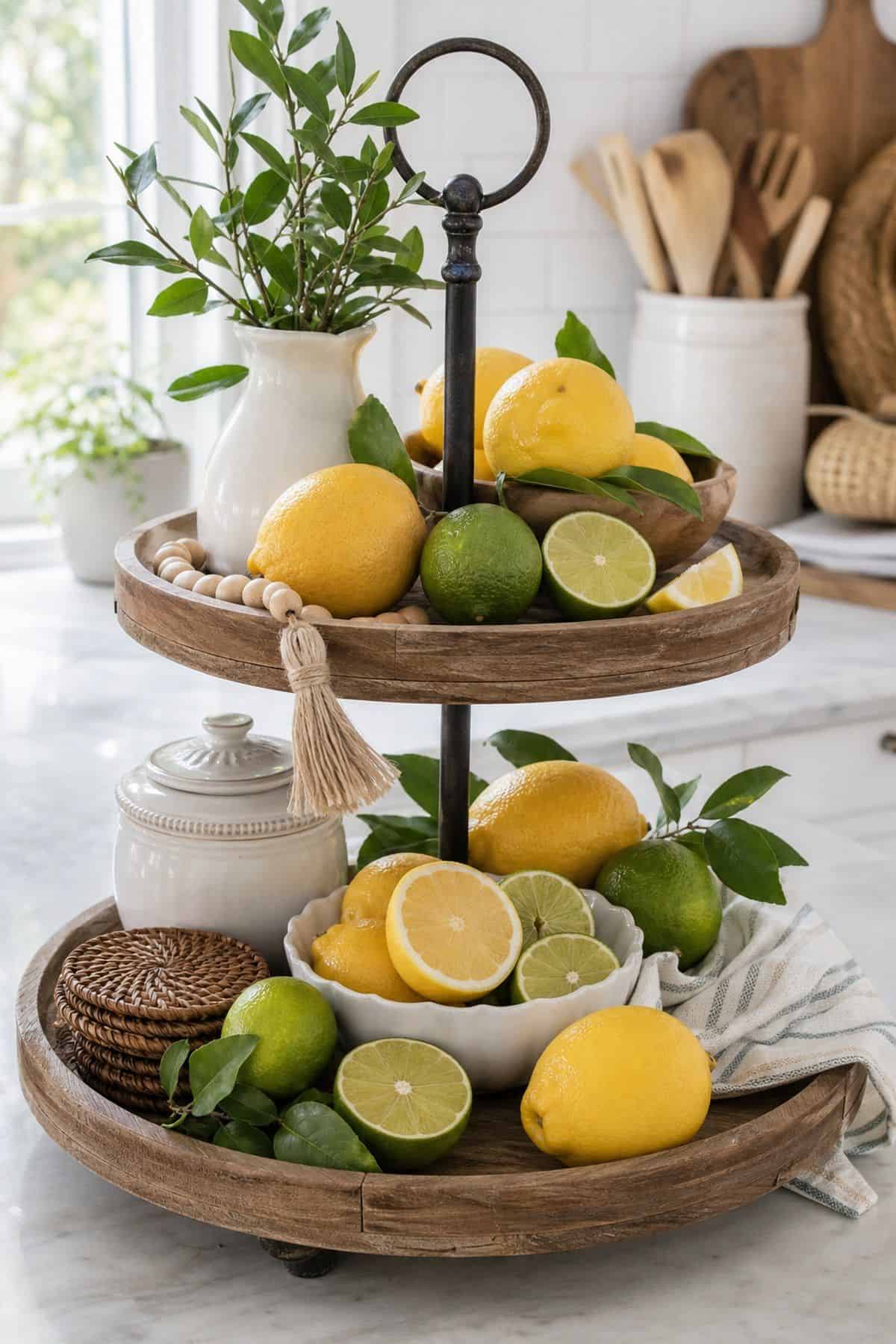 Decorate with Citrus Fruits Like Lemons and Limes shown as a realistic Pretty Wild World image for 15 Summer Tiered Tray Decor Ideas for a Collected, Seasonal Home Aesthetic.
