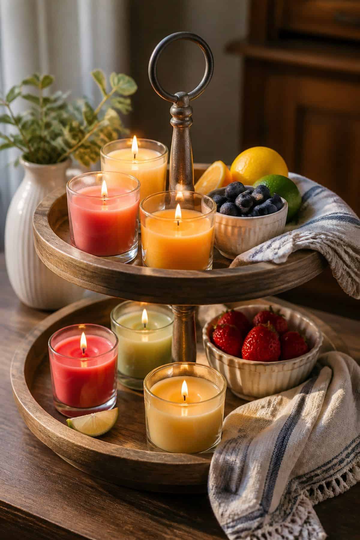 Light Colorful Candles Scented with Fresh Fruity Aromas shown as a realistic Pretty Wild World image for 15 Summer Tiered Tray Decor Ideas for a Collected, Seasonal Home Aesthetic.