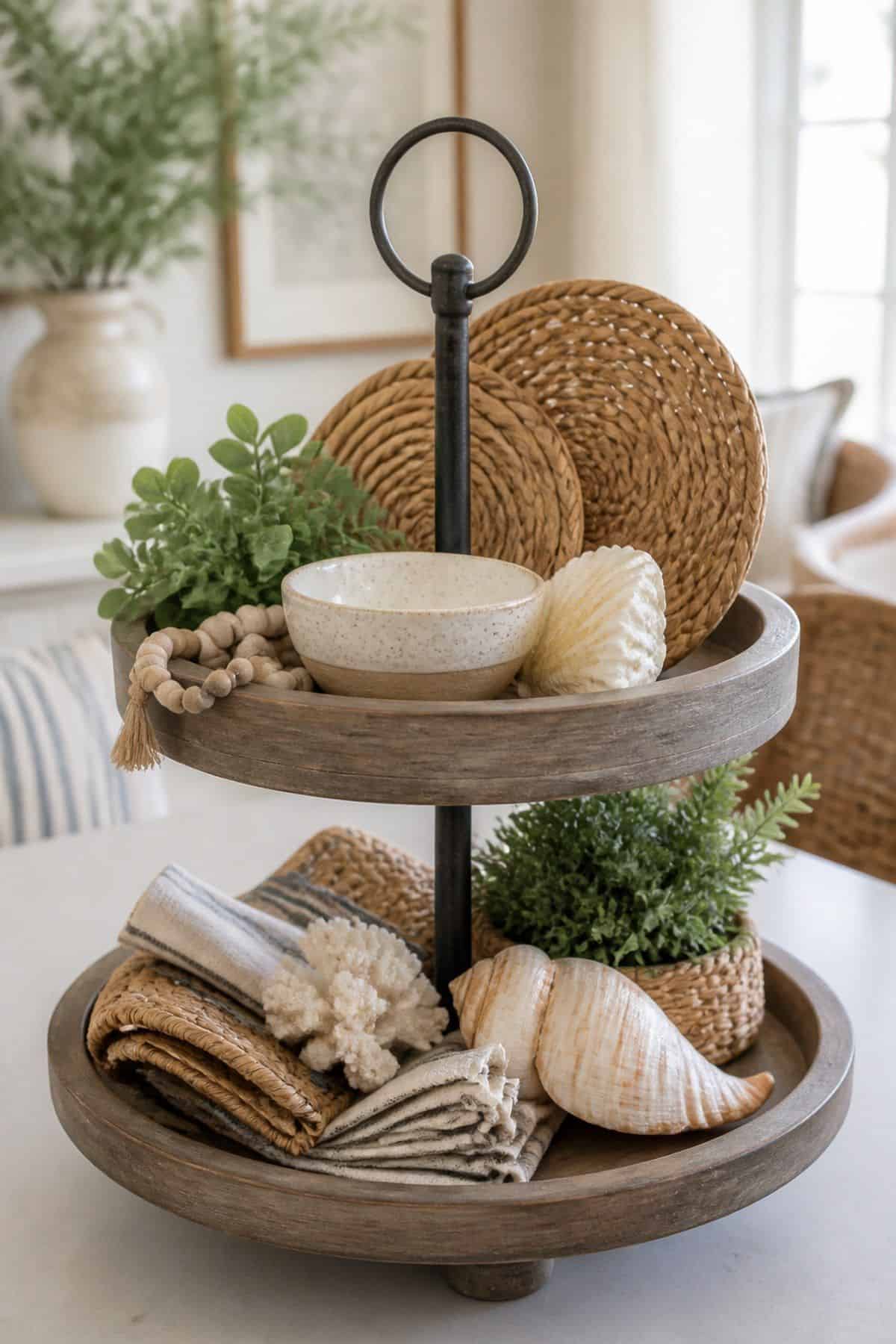 Layer with Woven Placemats or Coasters for Texture shown as a realistic Pretty Wild World image for 15 Summer Tiered Tray Decor Ideas for a Collected, Seasonal Home Aesthetic.