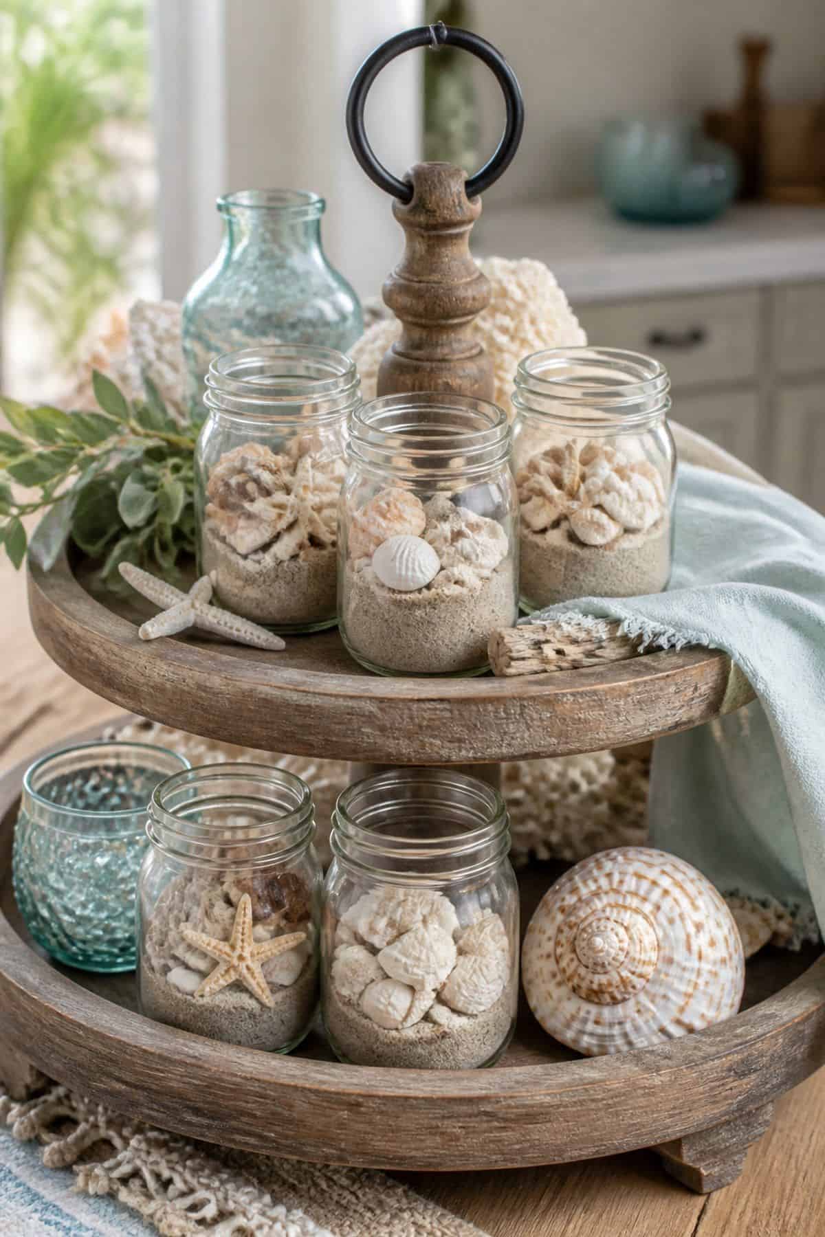 Fill Small Mason Jars with Sand and Seashells shown as a realistic Pretty Wild World image for 15 Summer Tiered Tray Decor Ideas for a Collected, Seasonal Home Aesthetic.