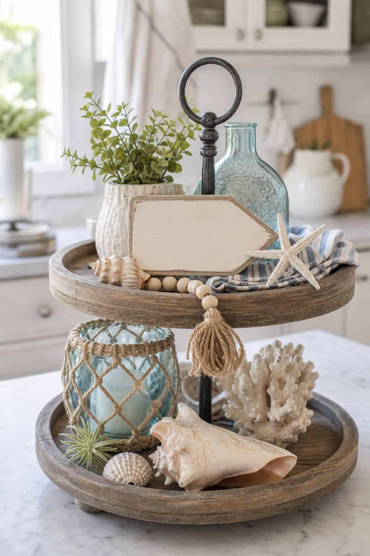 Display Beach-Inspired Signs or Motivational Quotes shown as a realistic Pretty Wild World image for 15 Summer Tiered Tray Decor Ideas for a Collected, Seasonal Home Aesthetic.