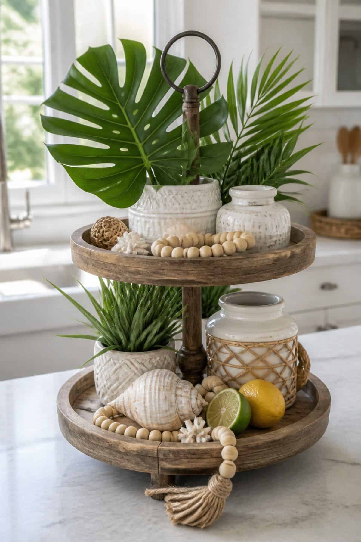 Add Tropical Foliage Such as Monstera or Palm Leaves shown as a realistic Pretty Wild World image for 15 Summer Tiered Tray Decor Ideas for a Collected, Seasonal Home Aesthetic.