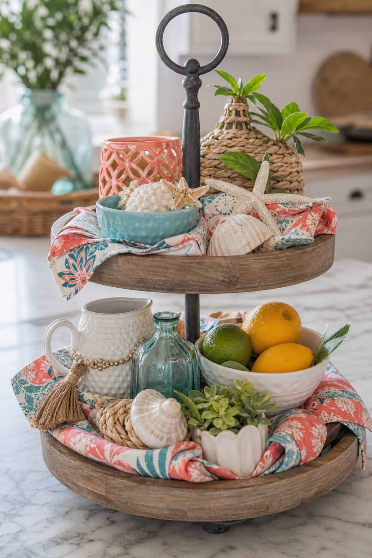 Incorporate Bright, Patterned Fabrics or Napkins as a Base shown as a realistic Pretty Wild World image for 15 Summer Tiered Tray Decor Ideas for a Collected, Seasonal Home Aesthetic.