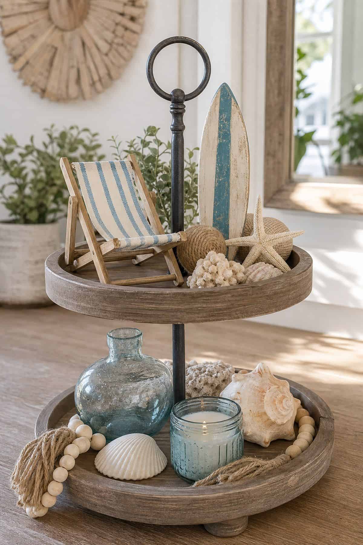 Place a Miniature Beach Chair or Surfboard Ornament shown as a realistic Pretty Wild World image for 15 Summer Tiered Tray Decor Ideas for a Collected, Seasonal Home Aesthetic.