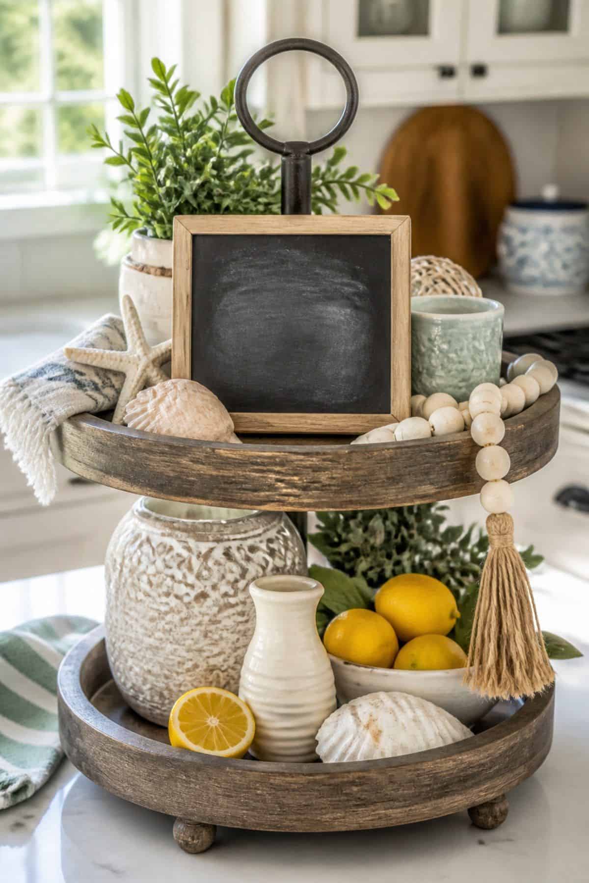 Set a Small Chalkboard Sign with Cheerful Summer Messages shown as a realistic Pretty Wild World image for 15 Summer Tiered Tray Decor Ideas for a Collected, Seasonal Home Aesthetic.