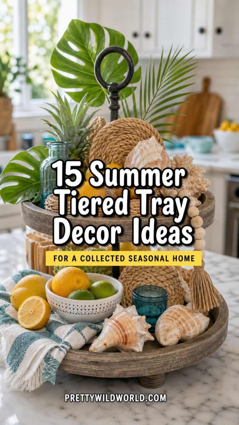 Pinterest pin for 15 Summer Tiered Tray Decor Ideas for a Collected, Seasonal Home Aesthetic from Pretty Wild World.