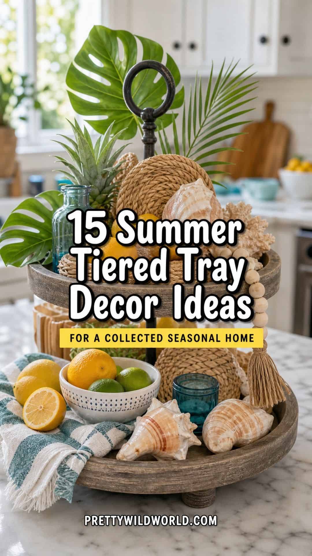 Pinterest pin for 15 Summer Tiered Tray Decor Ideas for a Collected, Seasonal Home Aesthetic from Pretty Wild World.
