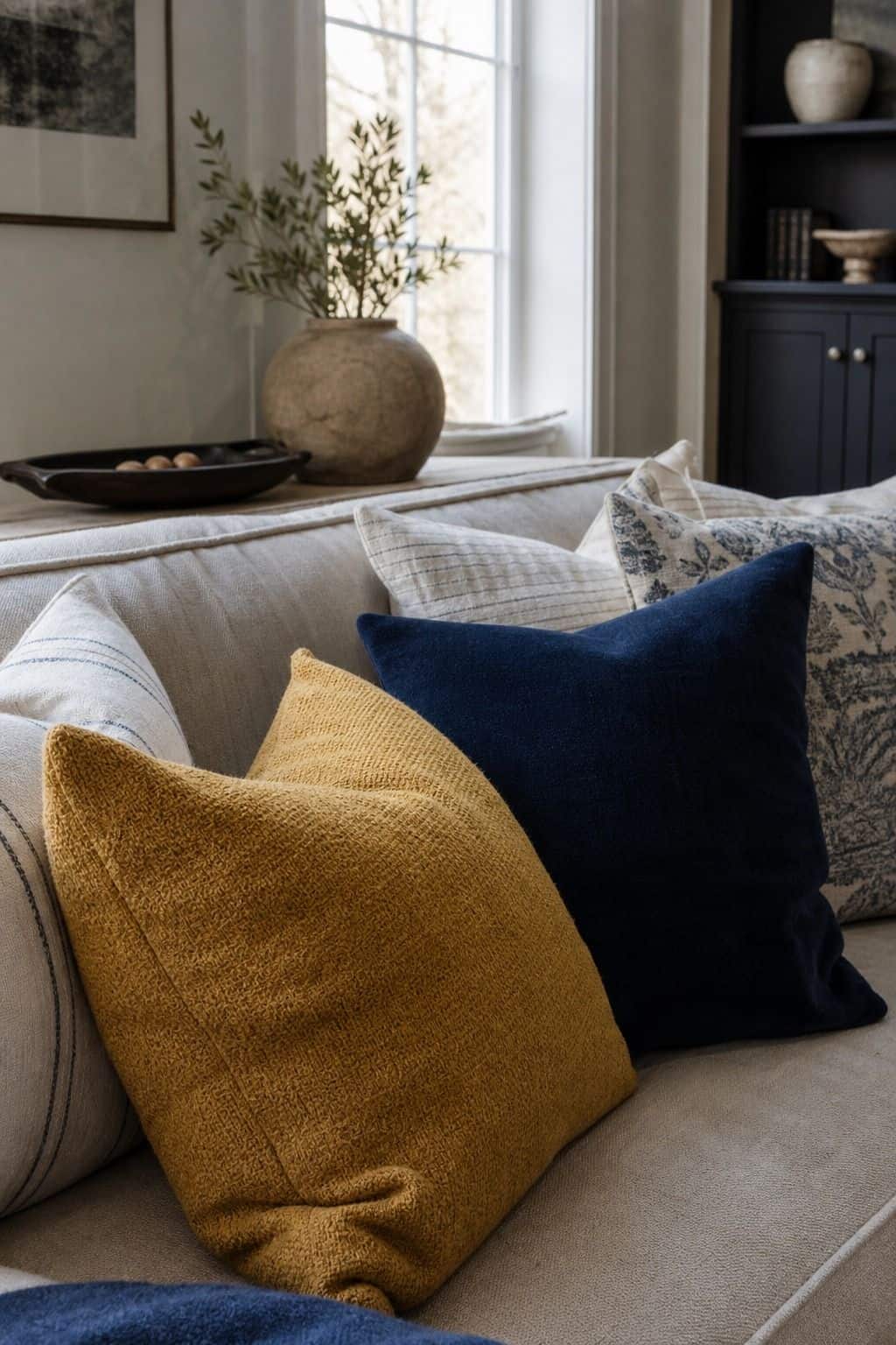 Navy Blue, Crisp White, and Mustard Yellow for a Coastal Feel shown as a realistic Pretty Wild World image for 15 Throw Pillow Combinations for Couch Ideas for a Soft, Designer-Layered Bedroom.