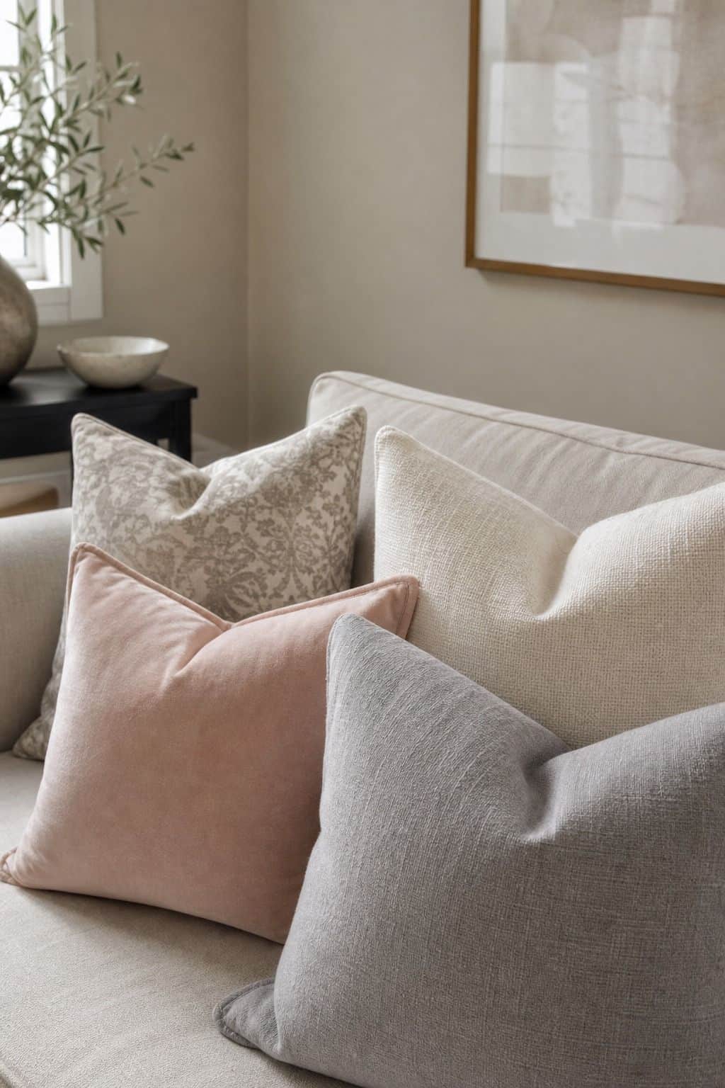 Soft Gray, Pale Blush, and Ivory for a Gentle, Modern Mix shown as a realistic Pretty Wild World image for 15 Throw Pillow Combinations for Couch Ideas for a Soft, Designer-Layered Bedroom.