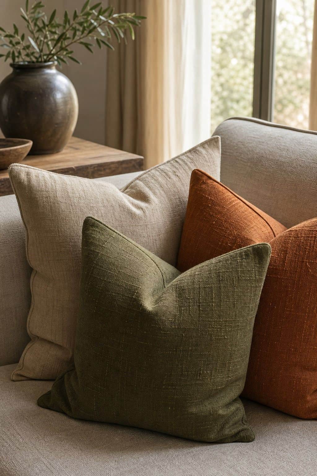 Olive, Burnt Orange, and Light Tan for an Earthy Palette shown as a realistic Pretty Wild World image for 15 Throw Pillow Combinations for Couch Ideas for a Soft, Designer-Layered Bedroom.