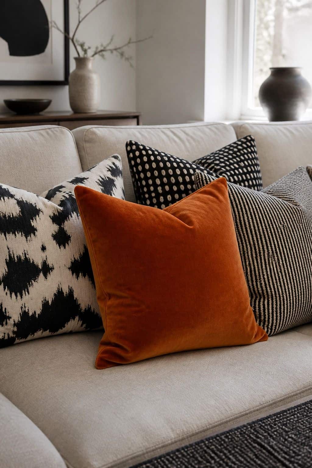 Black-and-White Patterns Paired with a Bold Accent Shade shown as a realistic Pretty Wild World image for 15 Throw Pillow Combinations for Couch Ideas for a Soft, Designer-Layered Bedroom.