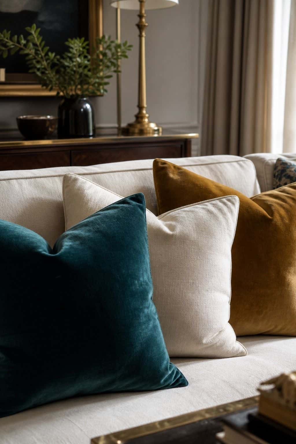 Deep Teal, Warm Gold, and Creamy White for a Luxe Touch shown as a realistic Pretty Wild World image for 15 Throw Pillow Combinations for Couch Ideas for a Soft, Designer-Layered Bedroom.