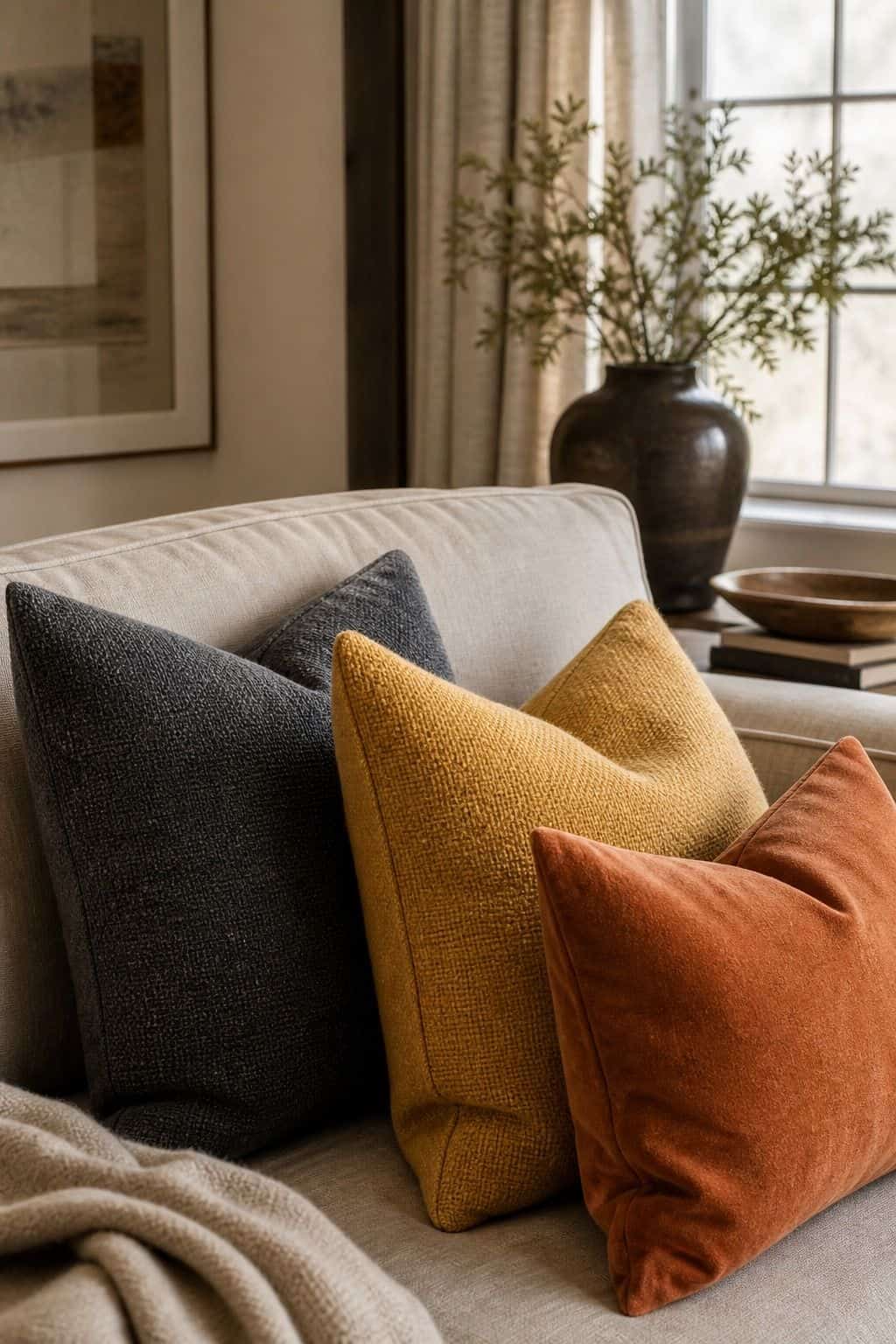 Charcoal Gray, Golden Yellow, and Clay Orange for a Cozy Look shown as a realistic Pretty Wild World image for 15 Throw Pillow Combinations for Couch Ideas for a Soft, Designer-Layered Bedroom.