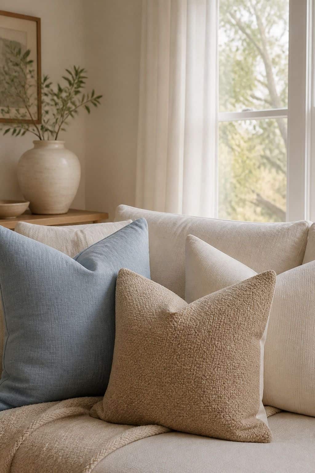 Light Blue, Sand Beige, and Soft White for a Relaxing Combo shown as a realistic Pretty Wild World image for 15 Throw Pillow Combinations for Couch Ideas for a Soft, Designer-Layered Bedroom.