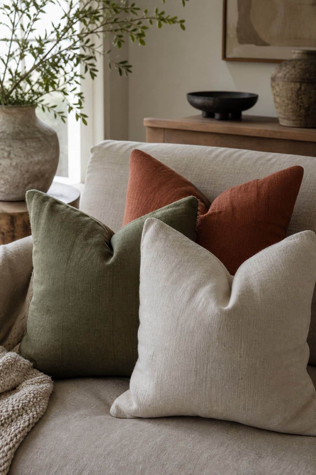 Terracotta, Muted Green, and Off-White for a Grounded Feel shown as a realistic Pretty Wild World image for 15 Throw Pillow Combinations for Couch Ideas for a Soft, Designer-Layered Bedroom.