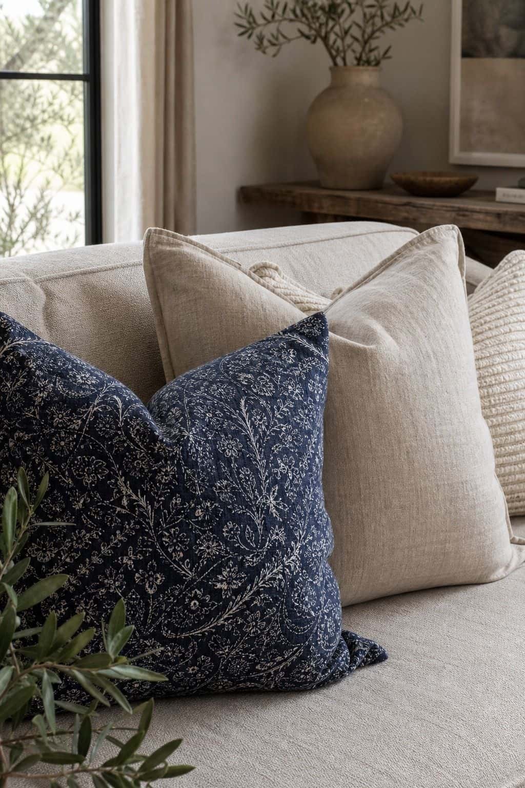 Indigo Print, Classic Linen, and a Neutral With Texture shown as a realistic Pretty Wild World image for 15 Throw Pillow Combinations for Couch Ideas for a Soft, Designer-Layered Bedroom.