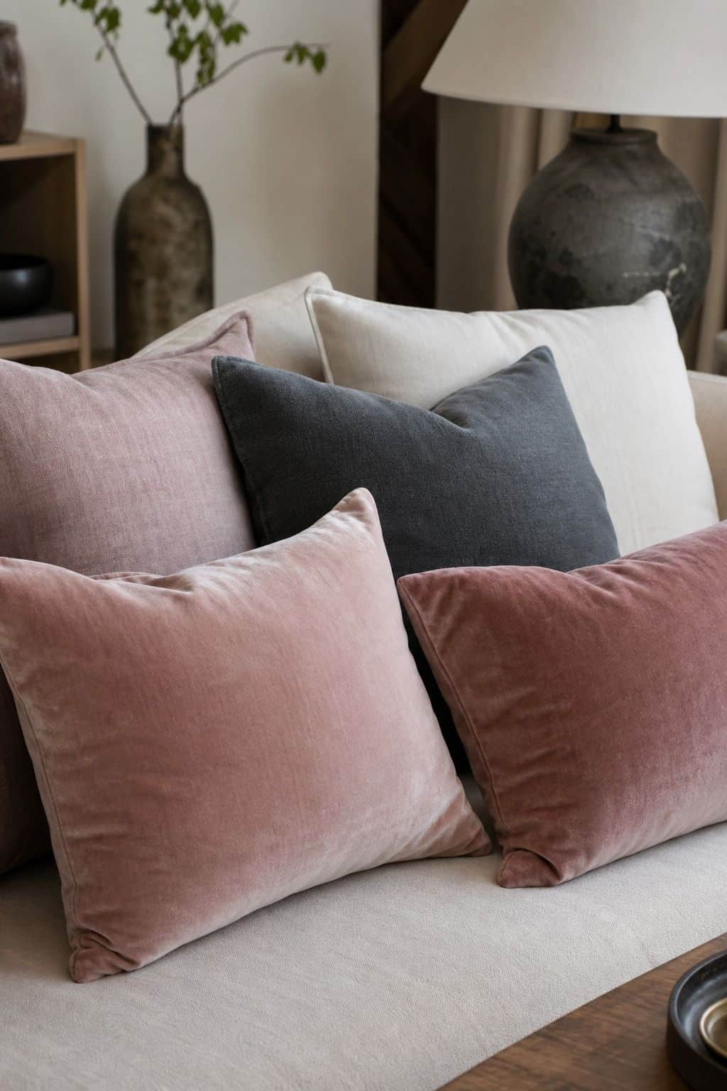 Dusty Pink, Dark Gray, and Light Rose for a Chic Blend shown as a realistic Pretty Wild World image for 15 Throw Pillow Combinations for Couch Ideas for a Soft, Designer-Layered Bedroom.
